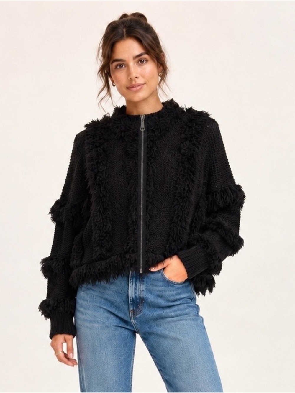 Amuse  Society Black Textured Fringe Chunky Knit Statement Cardigan Sweater